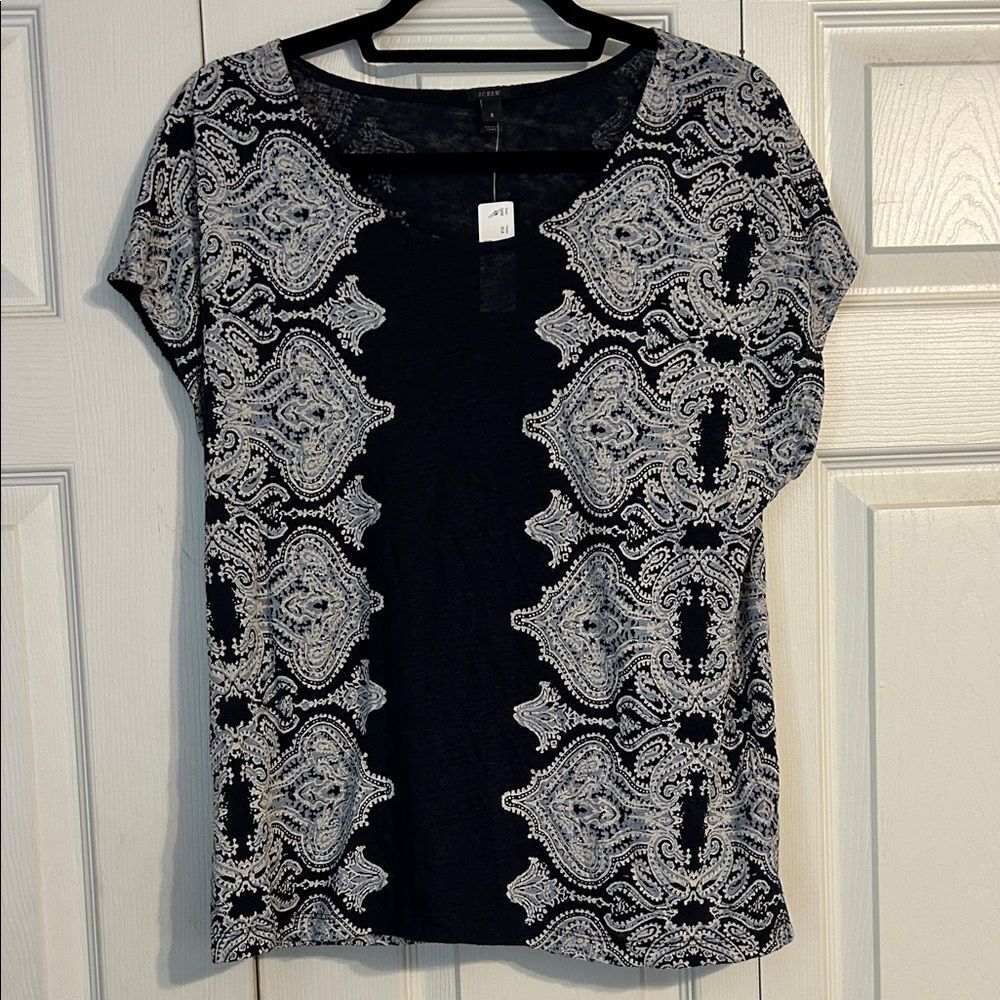 J. CREW Navy White NWT Size Small Linen Paisley Crewneck T-Shirt Short Sleeve